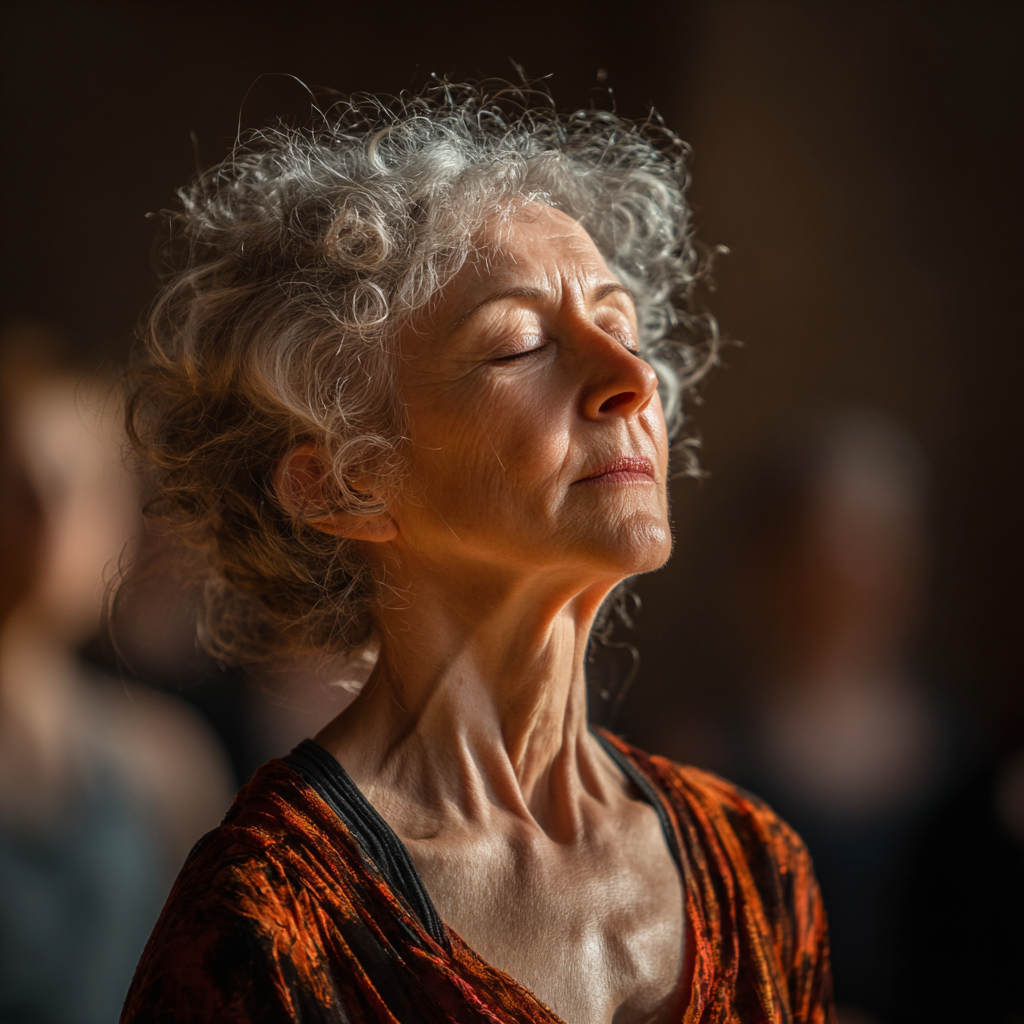 Idősebb magyar nő békés arckifejezéssel meditál természetes fényben